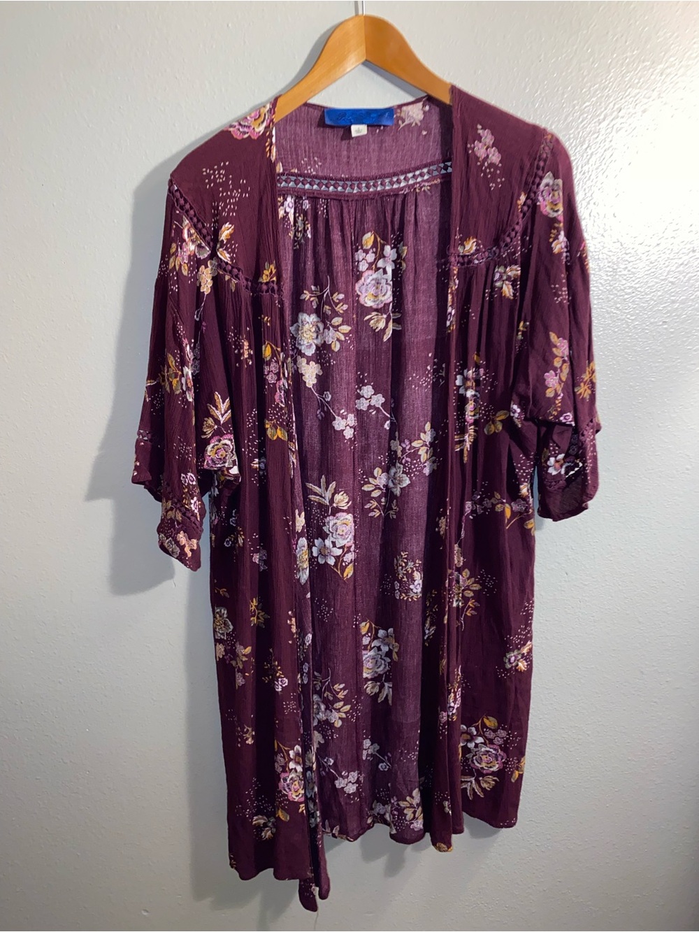 Blu Pepper Boho Maroon Floral Sheer Kimono Cardigan Open Front - Size S